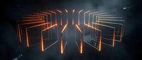 Futuristic neon geometric tunnel with glowing orange frames creating perspective depth in dark space for sci-fi technology backgrounds.