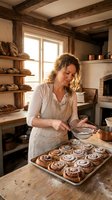 Female baker preparing cinnamon rolls in rustic kitchen with exposed wooden beams and traditional bread shelves for artisan bakery and homemade pastry concepts.