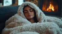 Young woman with closed eyes relaxing under cozy faux fur blanket near fireplace, creating peaceful winter atmosphere for wellness and comfort lifestyle.