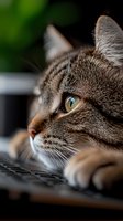 Close-up portrait of tabby cat with striking green eyes lying on computer keyboard, shallow depth of field creating soft bokeh background for pet photography.