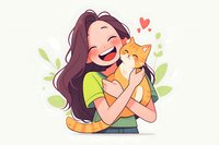 Cheerful Asian woman with long dark hair hugging orange cat, anime style illustration with hearts and green leaves, expressing joy and love for pet companion.