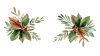 Watercolor autumn foliage arrangements with green and brown leaves isolated on white background for seasonal design projects and decorations.