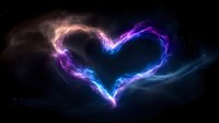 Glowing heart shape made of purple and blue energy flames against dark starry space background for romantic designs and cosmic love concepts.