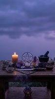 Mystical altar setup with pentagram, burning candle, crystals, herbs and mortar pestle for spiritual rituals and witchcraft practices at twilight.