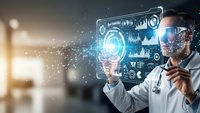 Male doctor using futuristic holographic interface technology for medical diagnosis and healthcare innovation in modern hospital setting.