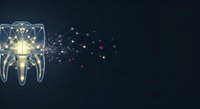 Glowing brain with neural network connections dispersing into particles on dark background, representing artificial intelligence, data processing, and digital innovation.