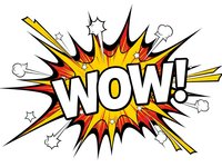 Comic book explosion with WOW text in bold letters surrounded by colorful burst rays and smoke clouds on white background for graphic design projects.