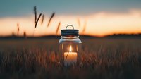 Glowing candle in mason jar among wheat field at sunset, creating atmospheric rural scene with warm backlighting and bokeh effect in nature.