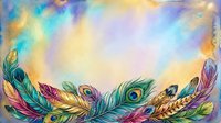 Colorful watercolor feathers border with peacock plumes on a soft golden blue background, perfect for greeting cards and creative designs.