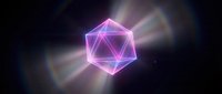 Glowing neon geometric polyhedron with pink and purple light rays on dark background, suitable for tech and digital design projects.