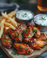 Glazed chicken wings with french fries and ranch dipping sauce, garnished with fresh herbs. Crispy wings coated in sweet and sticky sauce served on brown paper.
