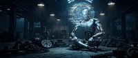 Futuristic humanoid robot sitting in industrial warehouse examining glowing holographic sphere with digital data streams and technological interface elements.