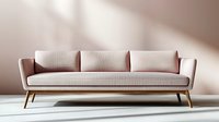 Modern pink sofa with wooden legs on light background with soft window shadows, minimalist scandinavian interior design element for living room.