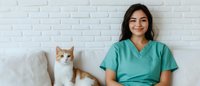 Young Asian female veterinarian in green medical scrubs sitting on white couch next to ginger and white cat against brick wall background. Professional healthcare setting.