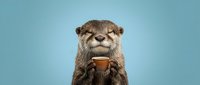 Adorable otter holding coffee cup on blue background, cute animal portrait for morning beverage concepts and wildlife humor designs.