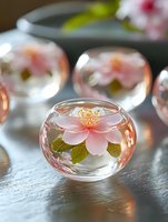 Delicate pink cherry blossom floating in round glass tea light holder with water creates romantic atmosphere for spa, wedding or home decor styling.