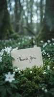 Thank you card resting on mossy forest floor surrounded by white wildflowers, soft bokeh trees in background, nature gratitude concept.