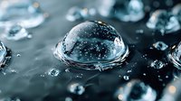 Water drop macro photography with crystal clear bubble formation on dark surface showing surface tension and liquid dynamics. Perfect for science concepts.