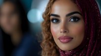 Young Middle Eastern woman wearing burgundy hijab with curly hair showing, dramatic evening makeup and confident expression against blurred dark background with bokeh lights.