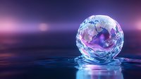 Glowing crystal globe floating on water surface with purple and blue illumination reflects global continents in magical atmosphere.