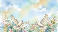 Pair of white doves perched on branch surrounded by blooming flowers and foliage, watercolor style illustration. Suitable for wedding invitations, greeting cards, and peaceful nature designs.