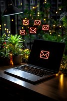 Laptop with glowing neon email icons floating above in dark room with plants and bokeh lights, representing digital communication and message notification concept.