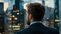 Young Caucasian businessman in dark suit looking at city skyline through window during evening hours, rear view with blurred urban lights and skyscrapers background.