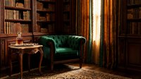 Elegant home library interior with green velvet armchair, wooden bookshelves, ornate side table and warm lighting creating cozy reading atmosphere.