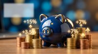 Blue piggy bank surrounded by stacked coins with financial growth percentages displayed, representing savings, investment returns, and wealth accumulation for banking and finance concepts.