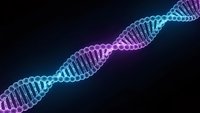 DNA double helix structure with vibrant neon colors on dark background for biotechnology and genetic research presentations.