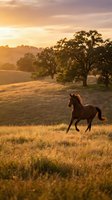 Brown horse galloping through golden meadow at sunset with rolling hills and oak trees in warm evening light creating peaceful pastoral countryside scene.