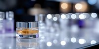Luxury cosmetic cream jar on glass surface with soft bokeh lights background, elegant skincare product display in spa or beauty salon setting.