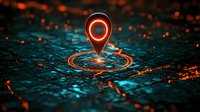 Glowing red location pin marker with futuristic circular interface on dark textured surface with bokeh lights and reflections. For technology and navigation concepts.