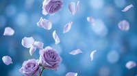 Purple roses with falling petals on soft blue bokeh background for romantic wedding invitations and floral design projects.