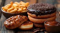 Chocolate glazed donuts and french fries on rustic wooden table with dipping sauce. Close up view of sweet pastries and crispy potato snacks.