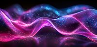 Glowing pink and blue waves with sparkles and particles flowing on dark background create magical cosmic effect for abstract design projects.