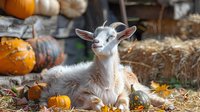 Young white goat kid resting on straw with orange pumpkins in rustic farm setting, autumn harvest scene with natural lighting and seasonal decorative elements.