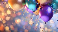 Festive balloons and confetti against blurred bokeh background create magical party atmosphere with vibrant purple, orange and turquoise colors floating upward.
