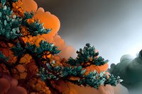 Surreal landscape with teal pine branches against vibrant orange and gray bubble clouds, creating dreamlike atmospheric contrast.