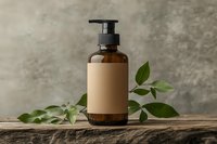 Amber glass pump bottle with blank beige label on rustic wooden surface, decorated with fresh green leaves against textured gray background. For cosmetic mockup.
