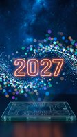 Futuristic 2027 neon numbers with glowing particles and circuit board technology background for new year celebrations and digital innovation concepts.