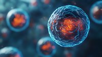 Glowing blue and orange cell structure with detailed membrane visualization on dark background, scientific medical concept for biology and research.