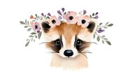 Adorable raccoon face with floral crown featuring pink anemone flowers and purple leaves on white background, watercolor style illustration for nursery art and stationery.