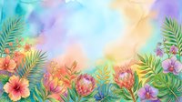 Watercolor tropical flowers and palm leaves border on soft pastel gradient background. Vibrant floral arrangement with pink, coral, and purple blooms ideal for spring designs.