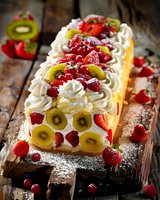Fresh fruit roll cake with whipped cream, kiwi slices, strawberries, and red currants dusted with powdered sugar on rustic wooden background. Sweet dessert photography.
