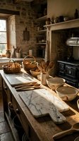 Rustic farmhouse kitchen interior with stone walls, wooden countertops, wicker baskets, ceramic bowls and vintage cooking utensils creating cozy country atmosphere.