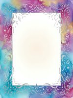 Watercolor rainbow frame with ornate swirls and stars surrounding blank white space for text or design elements on colorful gradient background.