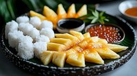 Fresh mango slices arranged with sticky rice balls and red caviar on dark ceramic plate, garnished with cucumber and sauces for Asian fusion dining.