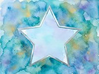 Watercolor star with silver outline on teal blue abstract background, soft pastel tones for greeting cards, posters, and creative designs.