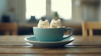Two cute white eggs with drawn faces sitting in turquoise coffee cup on wooden table in cozy kitchen interior for breakfast concept and food art.